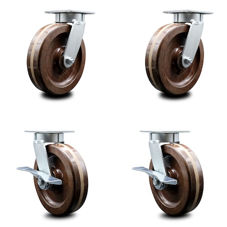 Service Caster 8 Inch Kingpinless High Temp Phenolic Wheel Swivel Caster Set with 2 Brakes SCC SCC-KP30S820-PHRHT-2-SLB-2